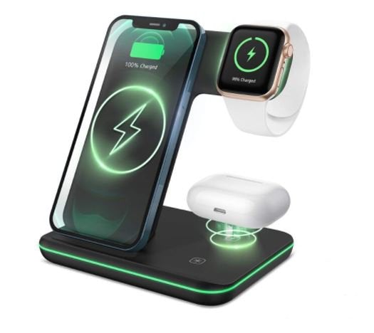 Base de Carregamento por Indução (Sem-fio) para iPhones e Smartphones  3 em 1 Super Potente 15w e 30w Turbo