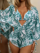 Conjunto Tropical 3 Peças Maiô Body e Biquíni com Decote em V