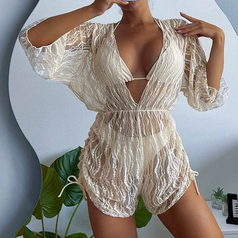 Conjunto Tropical 3 Peças Maiô Body e Biquíni com Decote em V