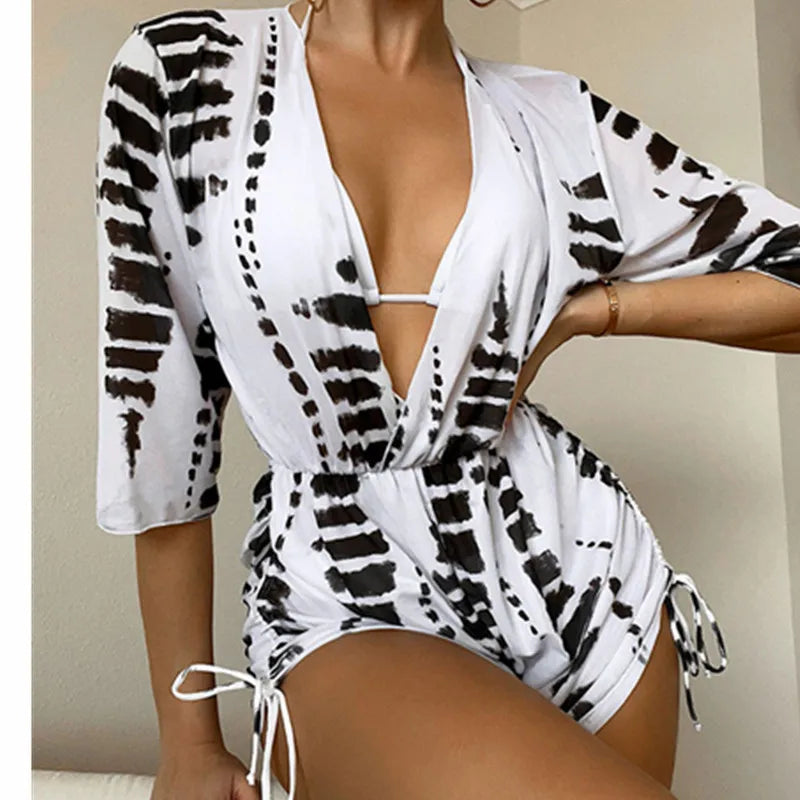 Conjunto Tropical 3 Peças Maiô Body e Biquíni com Decote em V