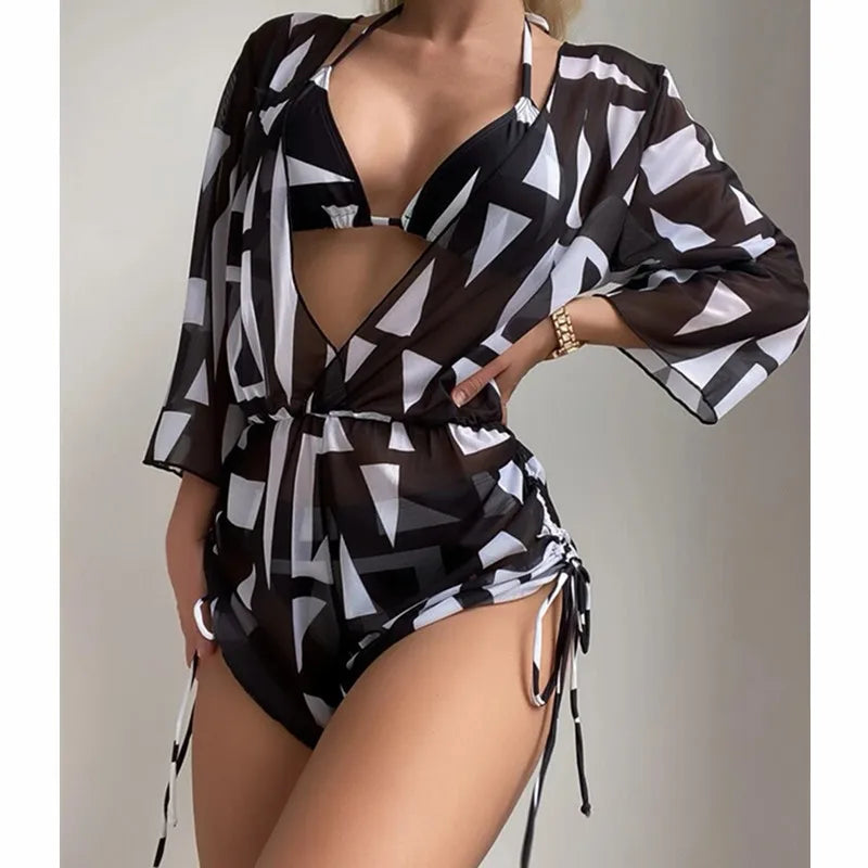 Conjunto Tropical 3 Peças Maiô Body e Biquíni com Decote em V