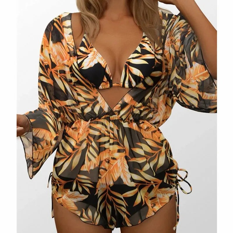 Conjunto Tropical 3 Peças Maiô Body e Biquíni com Decote em V