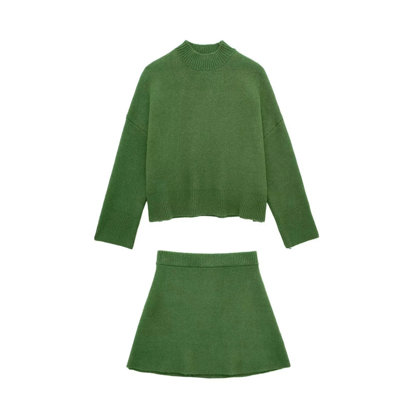 Conjunto Verde Outono Inverno Suéter e Minissaia Monocromática Toronto