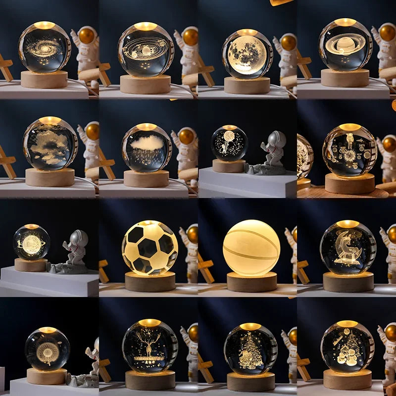 Luz Astro LED de Bola de Cristal 3D USB  com Galáxia e Projetos Planetários Luz Noturna