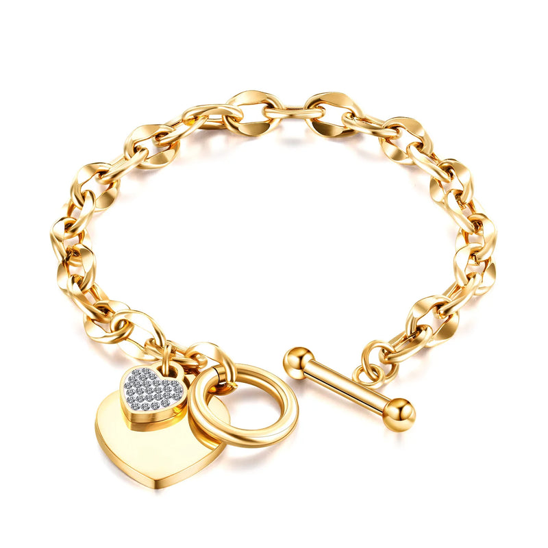 Pulseira Charmosa Para Mulheres Duplo Coração Cravejado Pedras Zircônias