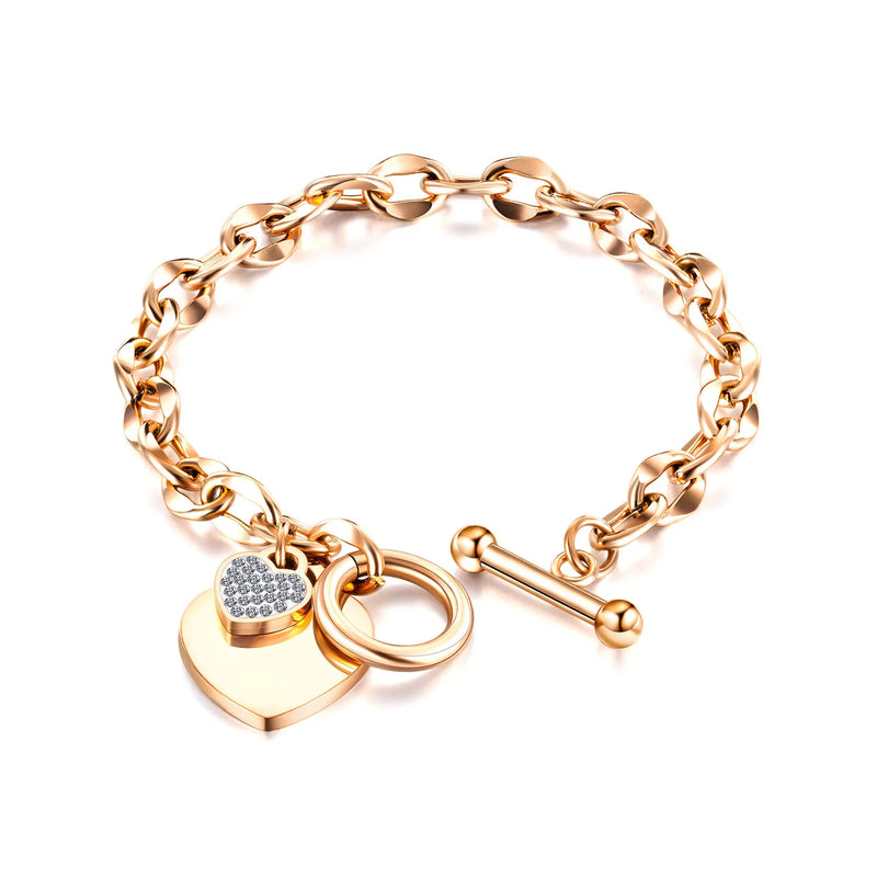 Pulseira Charmosa Para Mulheres Duplo Coração Cravejado Pedras Zircônias